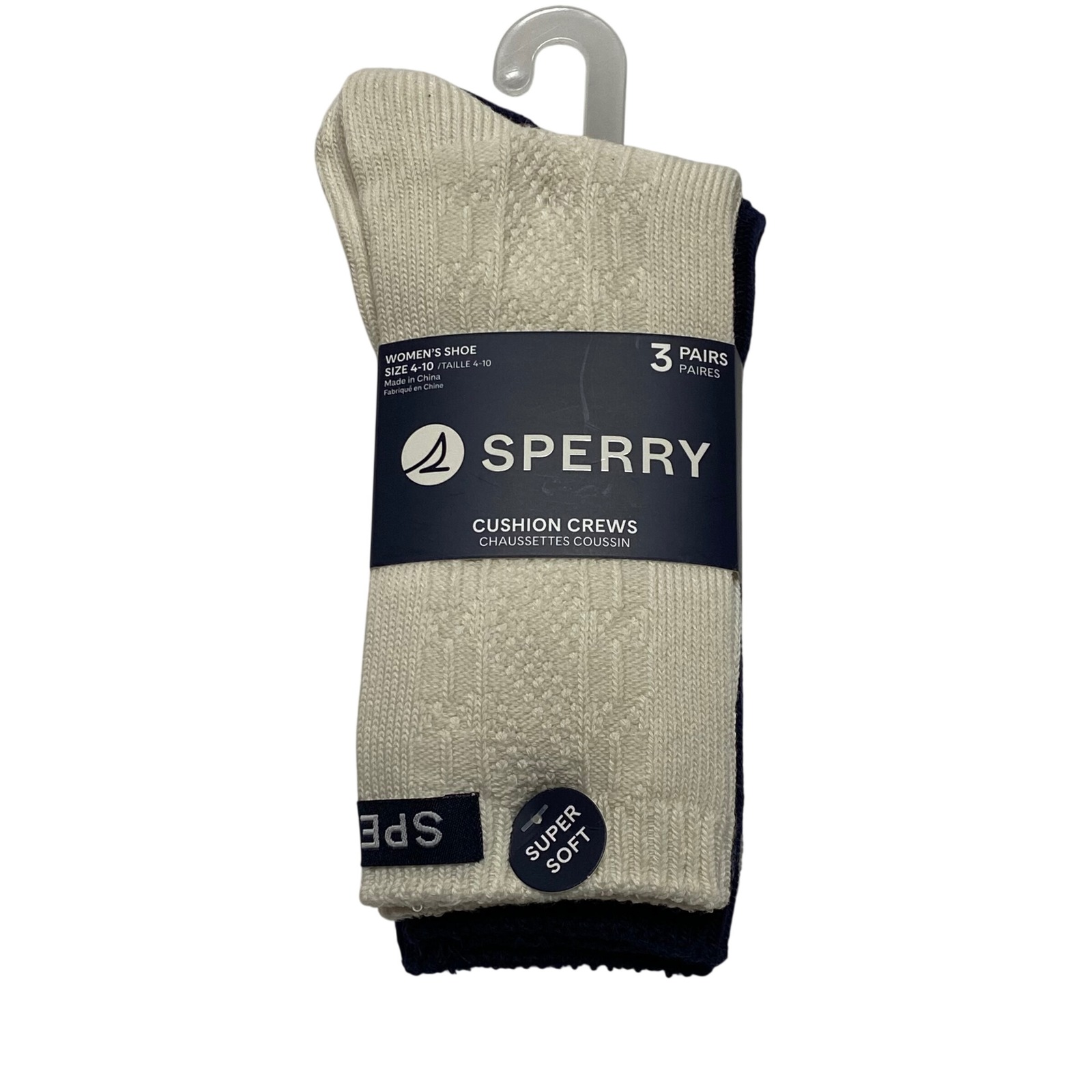 Sperry Women Super Soft Cushion Crew 3 Pairs Socks Cream Navy Grey Size 4-10 Nwt